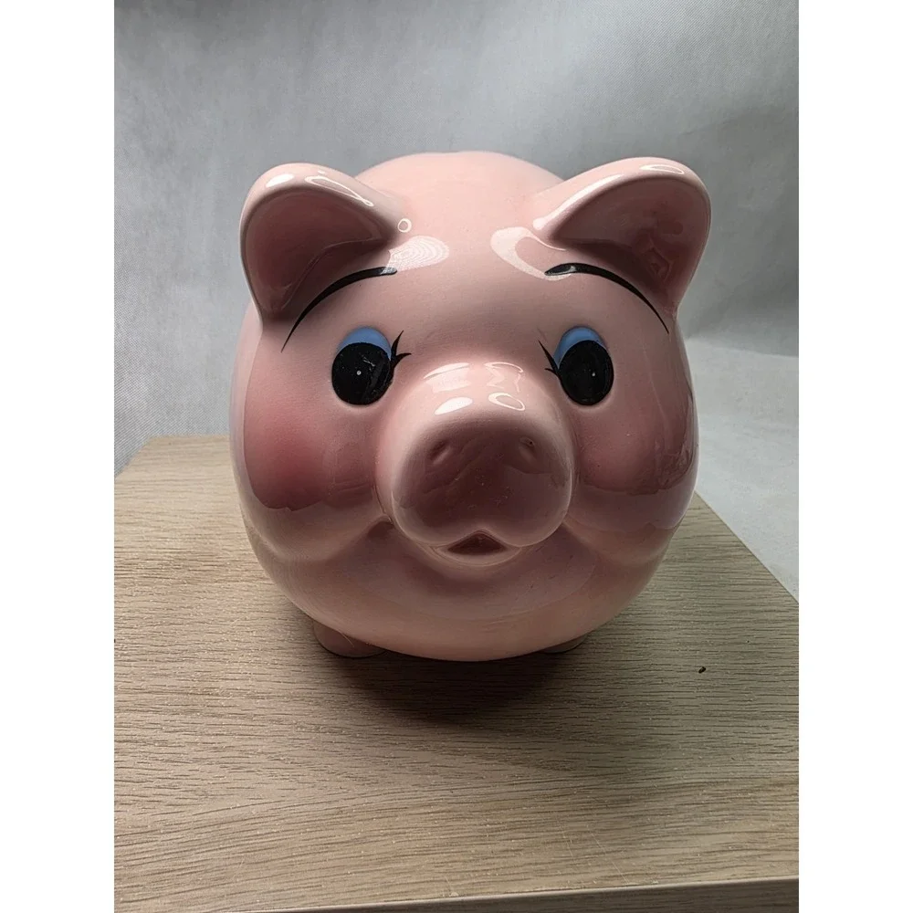 Vintage Mid Century Pottery Blush Pink Fat Belly Curly Tail Pig Piggy Bank